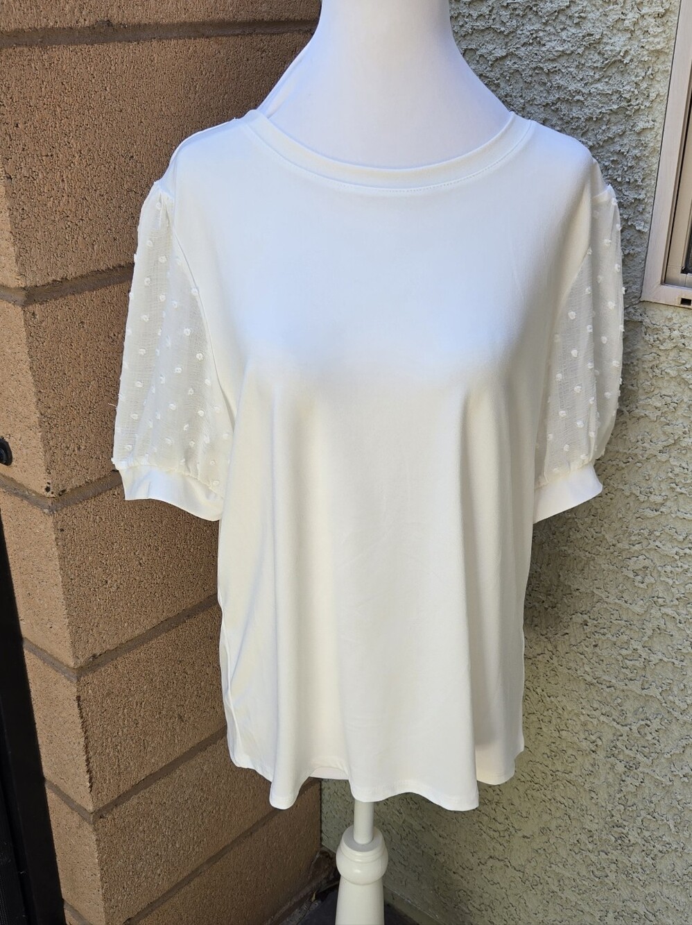 CeCe White Women's Short Sleeve Dot Mesh Sleeve Top